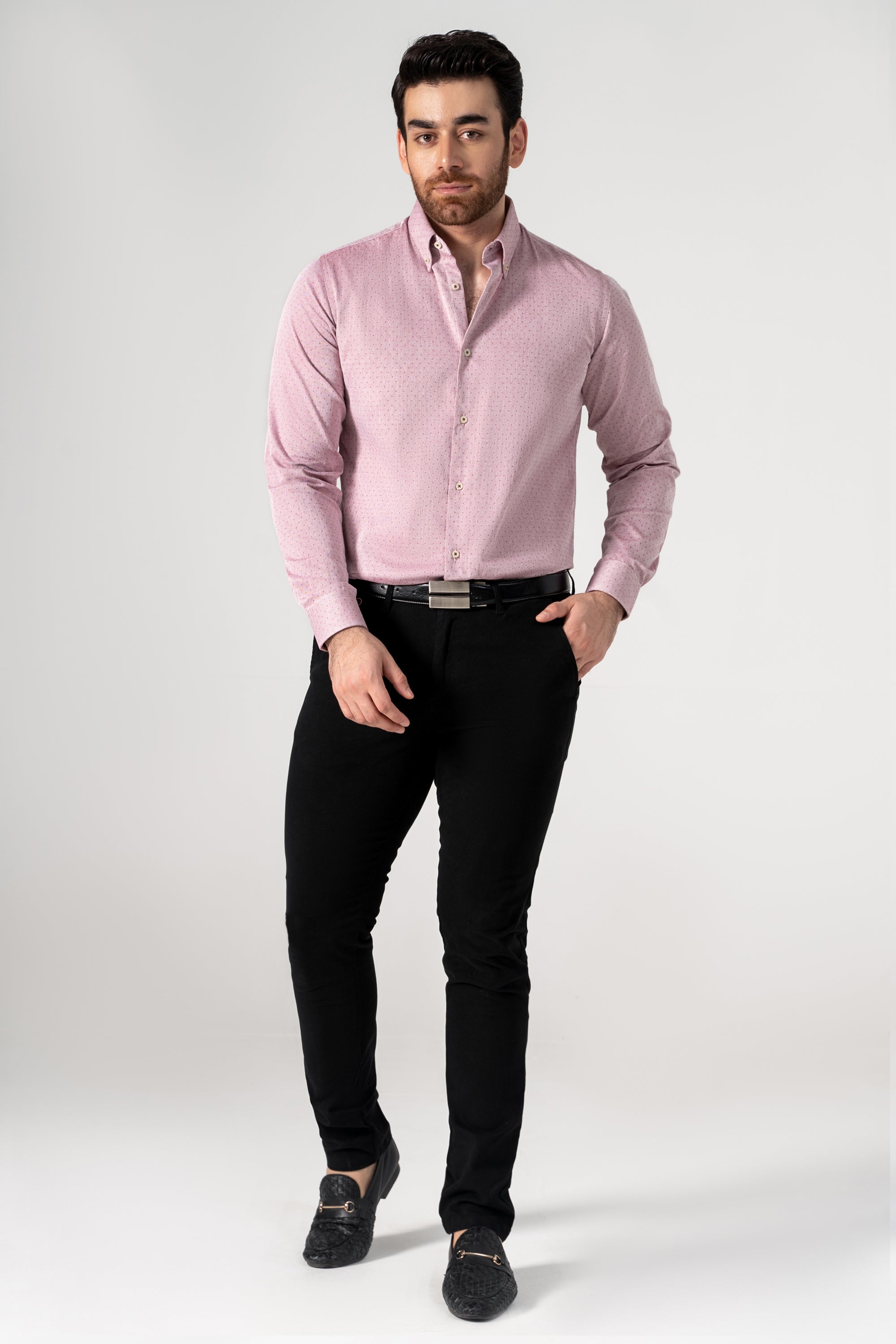 Men's Pink Blazer, Navy Dress Shirt, White Dress Pants, Dark Brown Suede  Loafers | Lookastic